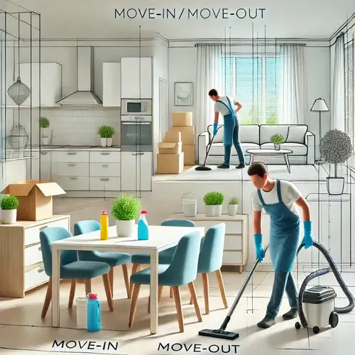 Illustration of a stylish home featuring move-in/move-out cleaning services with a cleaner using a vacuum.