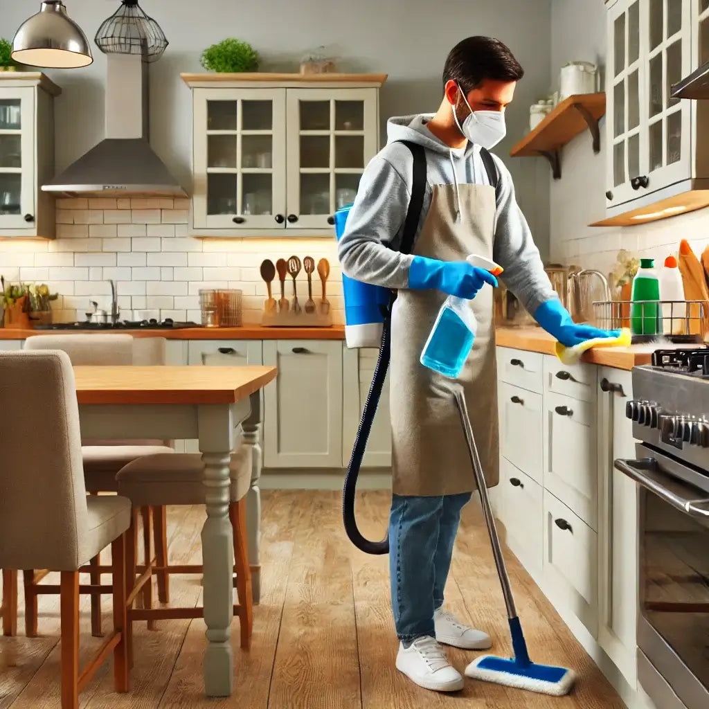 A professional cleaner in an apron using advanced equipment to deep clean a kitchen countertop.