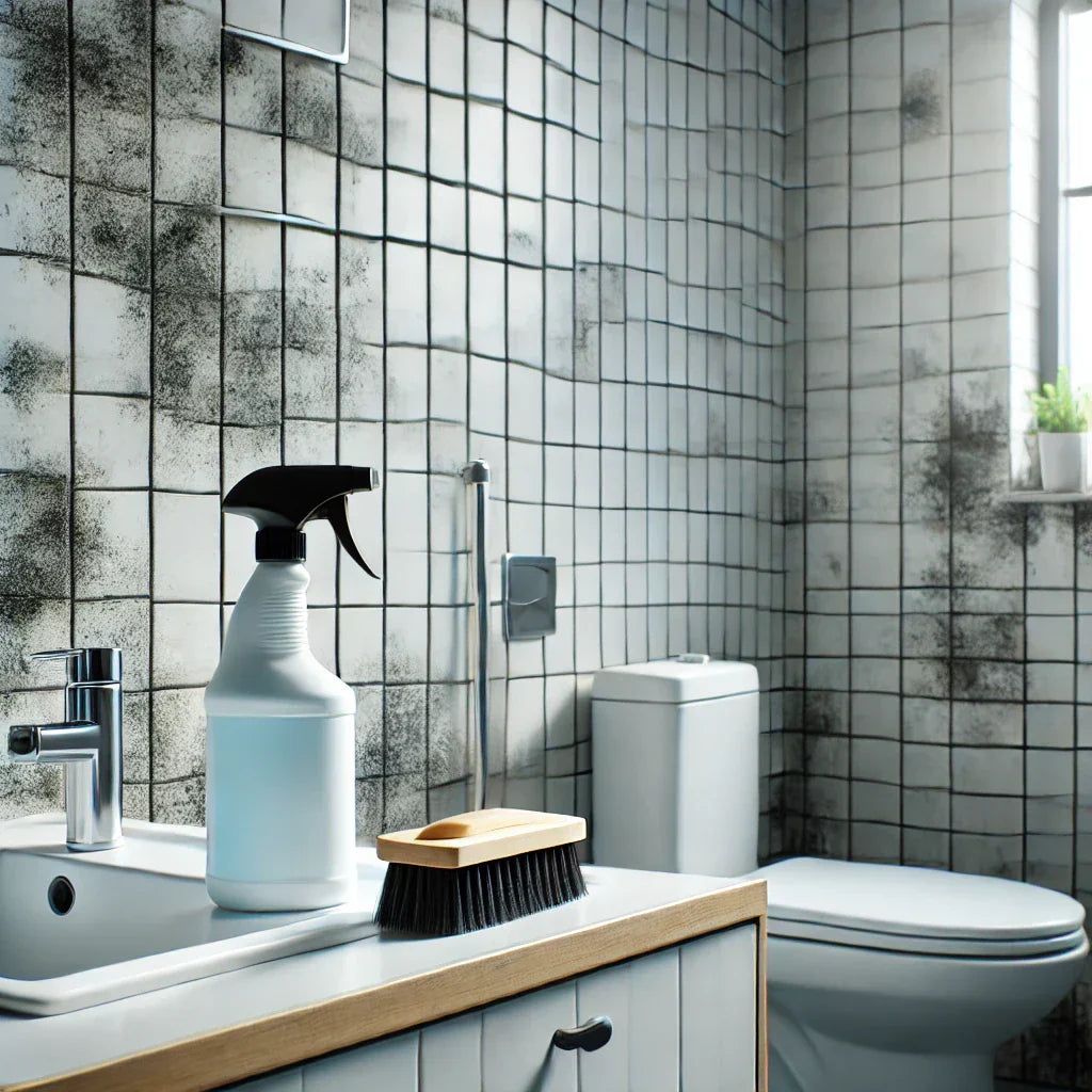 Bathroom with moldy tiles, cleaning spray, and brush for mold removal.