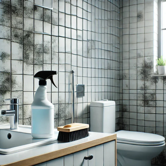 Bathroom with moldy tiles, cleaning spray, and brush for mold removal.