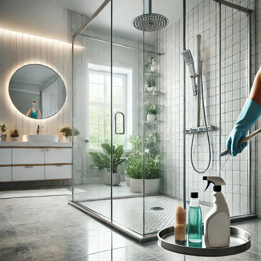 Modern bathroom shower design with limescale cleaning tools and a person using them safely.