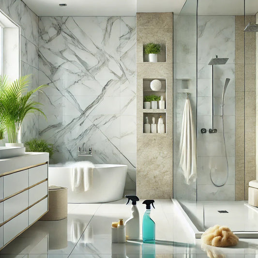 Modern bathroom with marble and ceramic walls, showcasing cleaning products and tools used for safe and effective limescale removal, tailored for different materials.