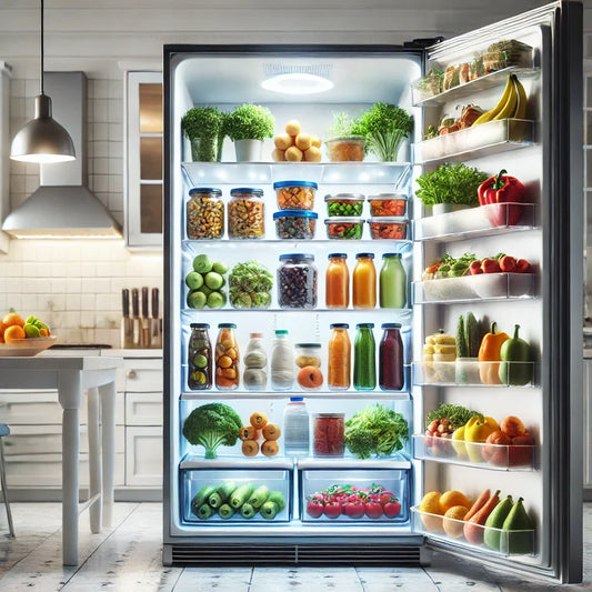 A neatly organized and sparkling clean fridge interior with fresh fruits, vegetables, and beverages perfectly arranged, illustrating the importance of regular fridge deep cleaning for a hygienic kitchen.