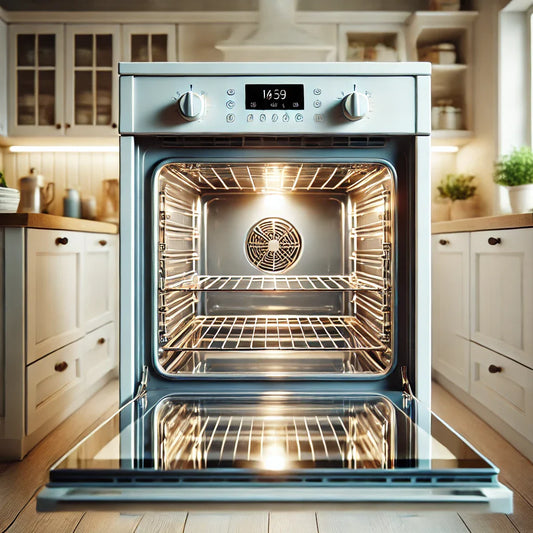 A clean and modern oven interior, with the light on, showcasing spotless shelves and glass, with a cozy and tidy kitchen background.