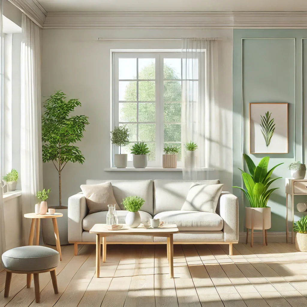 A clean and organized living room with sunlight streaming in, representing a healthy and hygienic home environment.