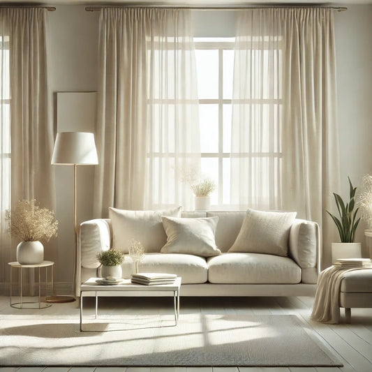 A serene and minimalistic living room with light-colored furniture, a soft rug, and natural light streaming through large windows, creating a calming and organized atmosphere.