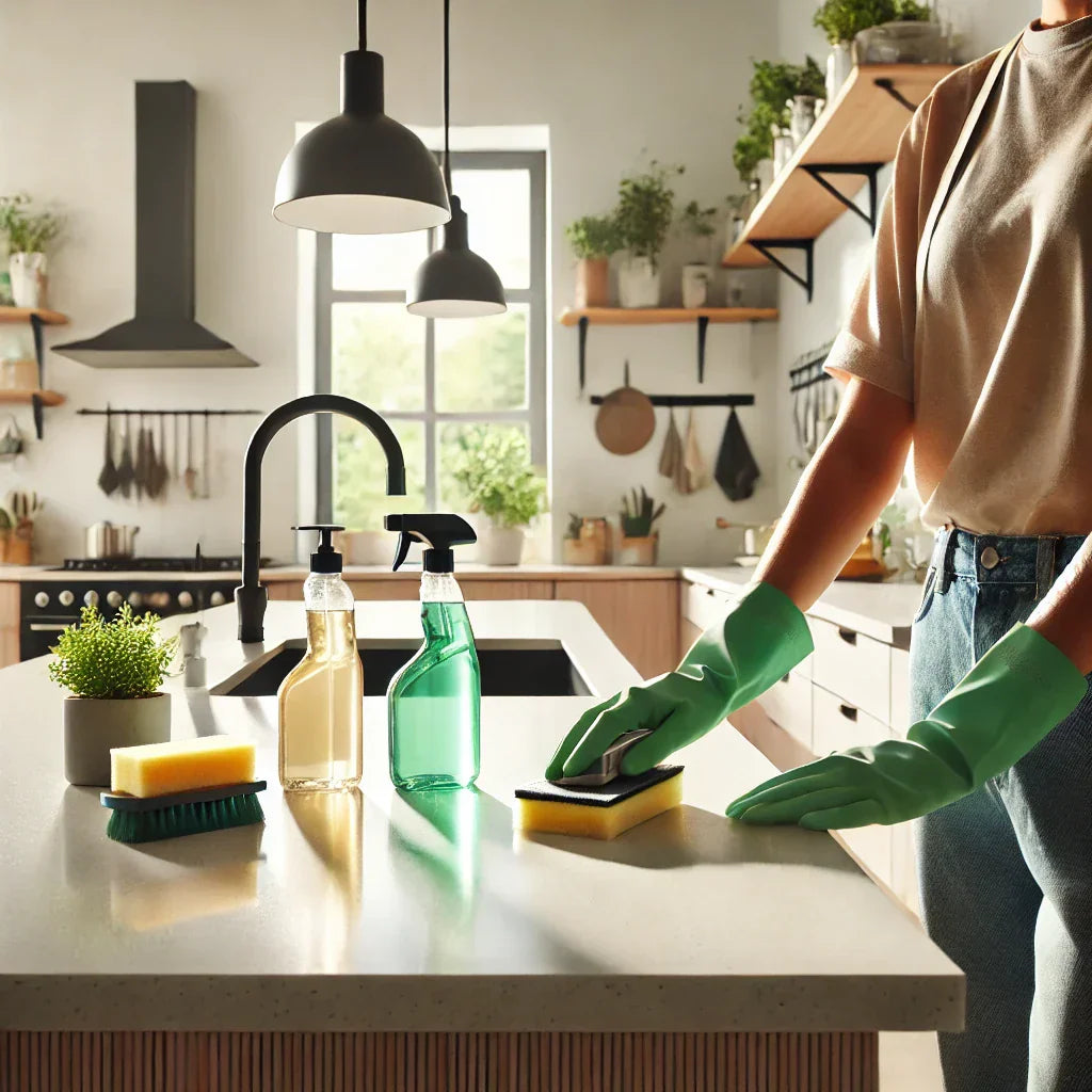 Person cleaning a modern kitchen with eco-friendly products, highlighting an organized and clean environment.
