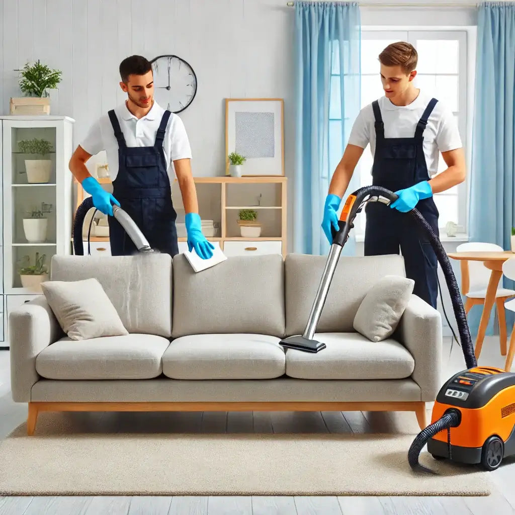 Two professionals using advanced equipment to clean a light gray sofa in a bright living room.