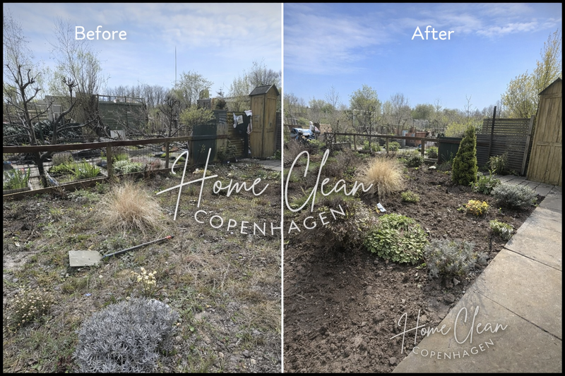 Before and after garden cleaning service in Copenhagen, showing an untidy outdoor area before and a clean, well-maintained garden after the service.