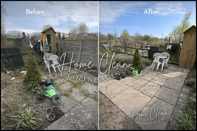 Before and after outdoor patio cleaning service in Copenhagen, showing a messy garden terrace before and a clean, organized patio after the service.